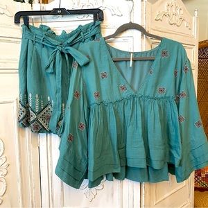Free People Embroidered Top & Shorts Set Flowy Sleeves Crop Fit Green Size L